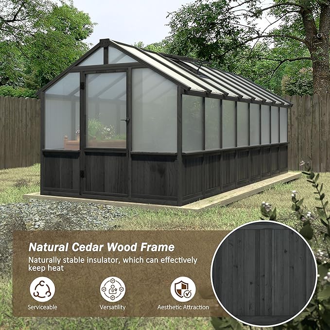 Mupater 8x16 FT Wooden Greenhouse, Heavy Duty Outdoor Garden Greenhouse Kit with Lockable Door & Vent Window, Large Walk-in Backyard Green House for Plants, Patio, Lawn, Black