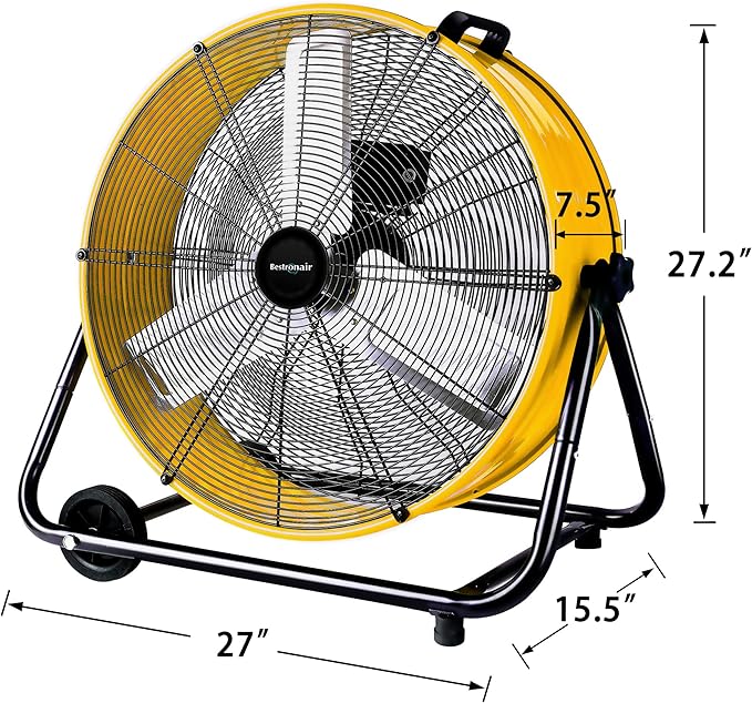 Bestronair 24 Inch High Velocity Drum Fan, 8100CFM Heavy Duty Industrial Floor Fan for Garage, 360° Tilt Metal Shop Fans with 3 Speeds for Warehouse, Factory, Commercial, Basement, Workshop, Gym
