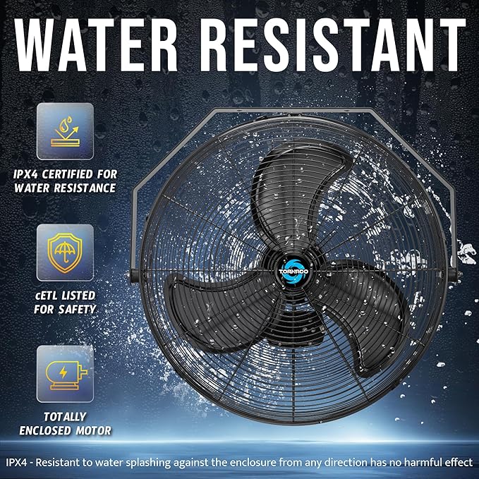 Tornado 24" High Velocity Metal Wall Mount Fan – IPX4 Water-Resistant & Outdoor Rated, 3-Speed, 7700 CFM, UL Safety Listed, Ideal for Commercial, Industrial, Residential, and Greenhouse Environments