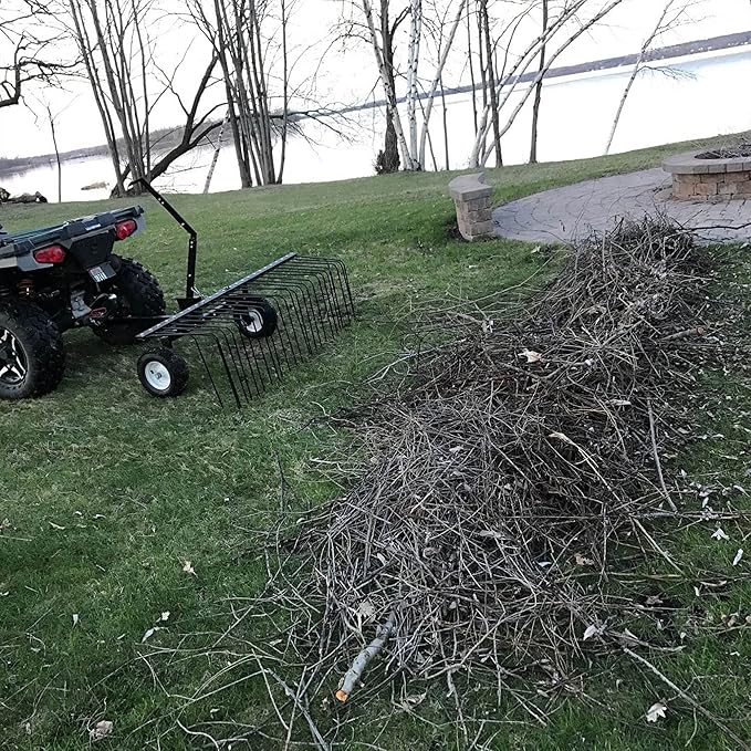Yard Tuff Pine Straw Rake, Steel Lawn Sweeper with 24 Spring Tines, 60-Inch - Leaf Collector Attachment with Pin Hitch for ATV, UTV or Utility Tractor