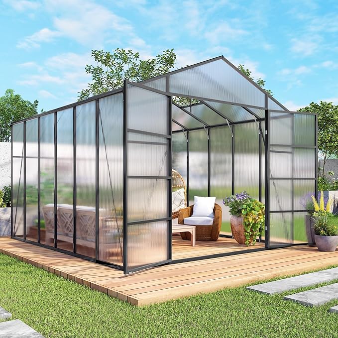 104in High 10x12FT Greenhouse for Outdoors, Polycarbonate Greenhouses with Stronger Wind Protection and Roof Vent, Walk-in Large Aluminum Winter-Proof Sunroom, Black