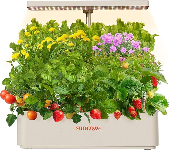 SUNCOZE Hydroponics Growing System Kit 12 Pods, 24W LED Grow Light Indoor Garden, 4L Water Tank with Quiet Pump, Adjustable Height Herb Garden Planter Indoor Kit, Gardening Gifts, Beige