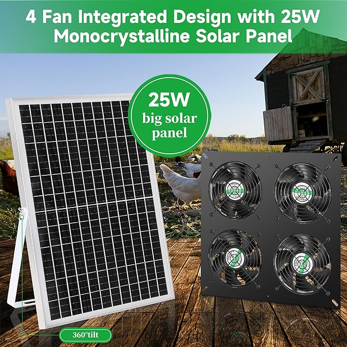 blessny 25W Solar 4 Fan Kit for Outdoor Greenhouse, Solar Powered Vent Exhaust Ventilation Fan for Chicken Coop, Shed Air Circulation, 14.7 Ft Long Cord with IP65 Weatherproof Rate