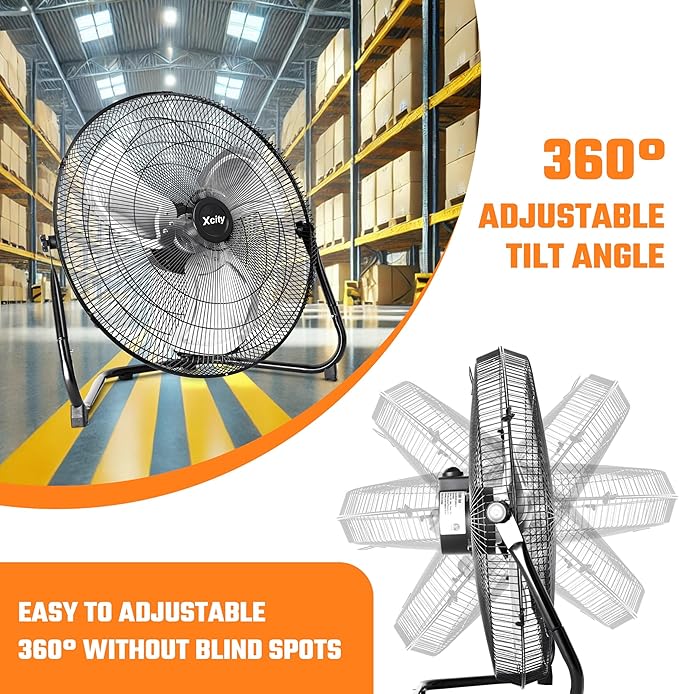 20 Inch Floor Fan, Max 4650 CFM Industrial Fan, 3-speed and 360°Adjustable Tilt, Metal Construction and Aluminum Blades, Ideal for Warehouse, Workshop, Factory, Garage
