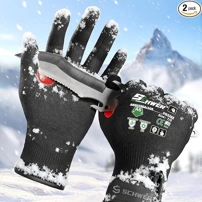 FreezeGuard Winter Work Gloves for Men and Women, ANSI A6 Cut Resistant Gloves With Super Grip, Freezer Glove for Work Below Zero, Touchscreen, Thermal Insulated, PR3388, Black Knight (S, 2 Pairs)