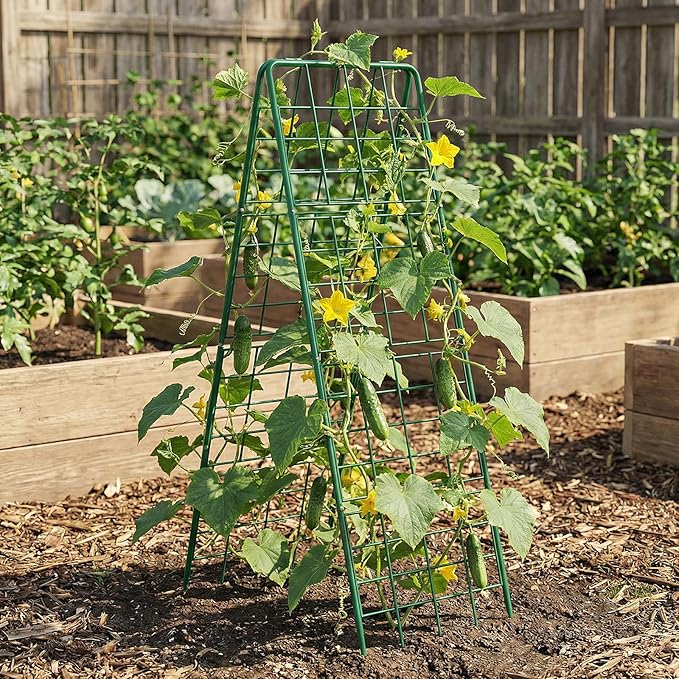 DoCred Cucumber Trellis, 59" H 2 Pack Metal Foldable Thickened A Frame Garden Trellis for Raised Bed Climbing Plants, Vegetables, Including Plant Support Clips, Twist Ties, Plastic Ties, Green