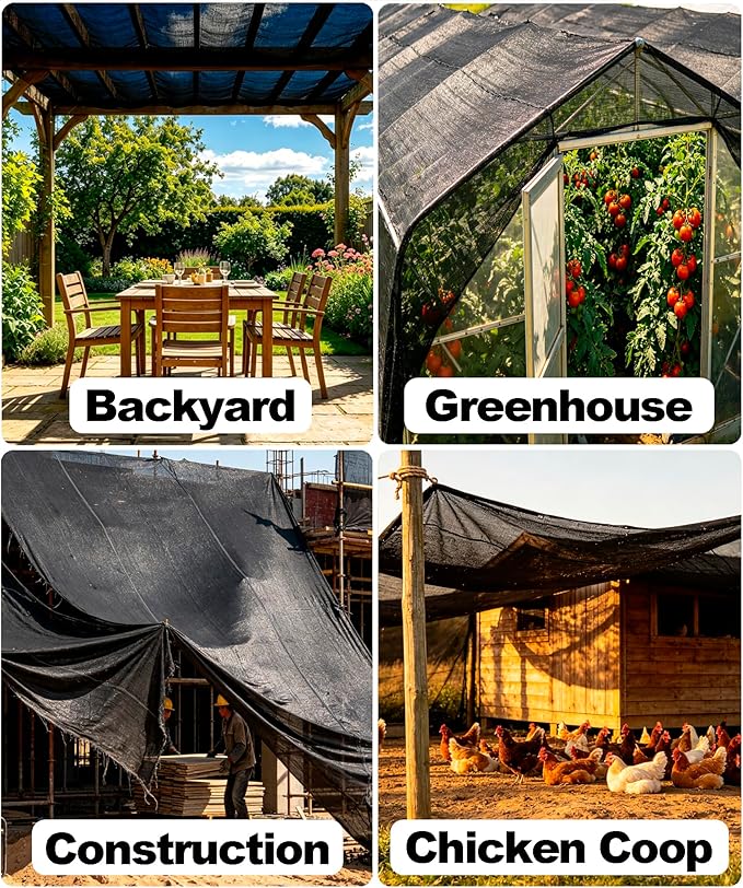 e.share Black Shade Cloth, 70%-80% Sunblock UV Protection, 10 FT X 30 FT Sun Mesh Net for Garden Plant Cover,Porch Screen,Pergola,Greenhouse,Chicken Coop,Car Barn Kennel,Backyard Patio Sunshade