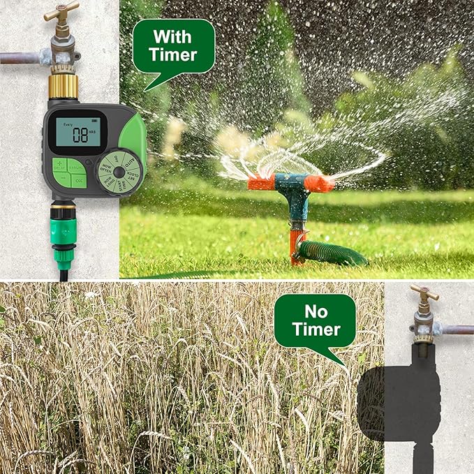Kingdder Water Timer, Sprinkler Timer with Brass Inlet and Outlet Programmable Garden Hose Faucet with Rain Delay/Manual/Automatic Irrigation System for Yard Lawn IP54 Waterproof (1 Outlet)