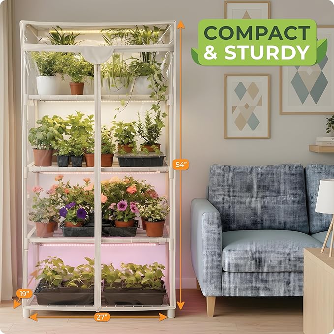 Carpathen Indoor Greenhouse with Grow Light - 4 Tiers 27.2"L x 19.3"W x 54"H with 2 Heat Mats and 4 Dimmable 15W Full Spectrum LED Light Strips w Spectrum Control - Mini Greenhouse with Zip PVC Cover