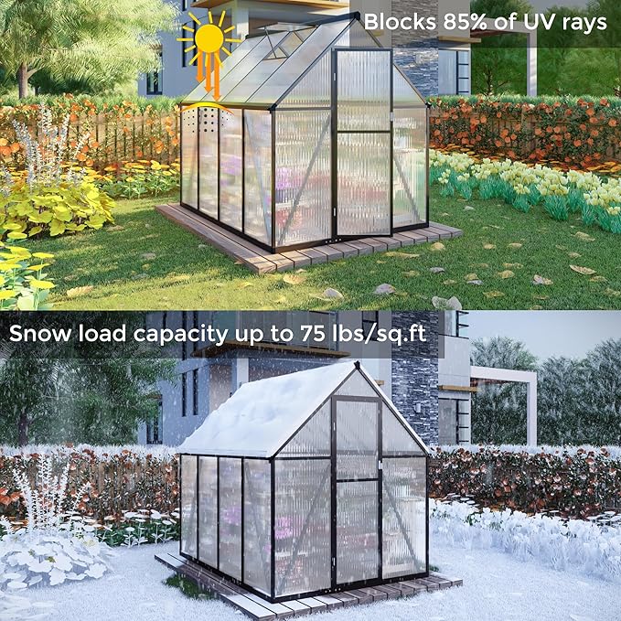 6 x 4 FT Greenhouse for Outdoors, Polycarbonate Greenhouse with Quick Setup Structure and Roof Vent, Aluminum Large Walk-in Green House for Outside Garden Backyard, Charcoal Black