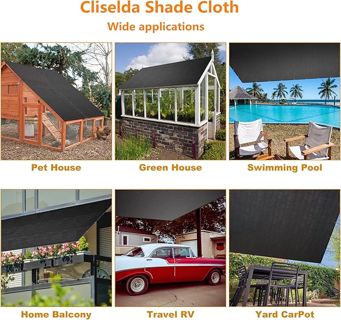 Cliselda 70%-80% Black Shade Cloth for Patio, 10 x 50ft UV Resistant Sun Shade Mesh Net with Grommets, Mesh Tarp Plant Shade Cover for Plants Garden Greenhouse Backyard Outdoor