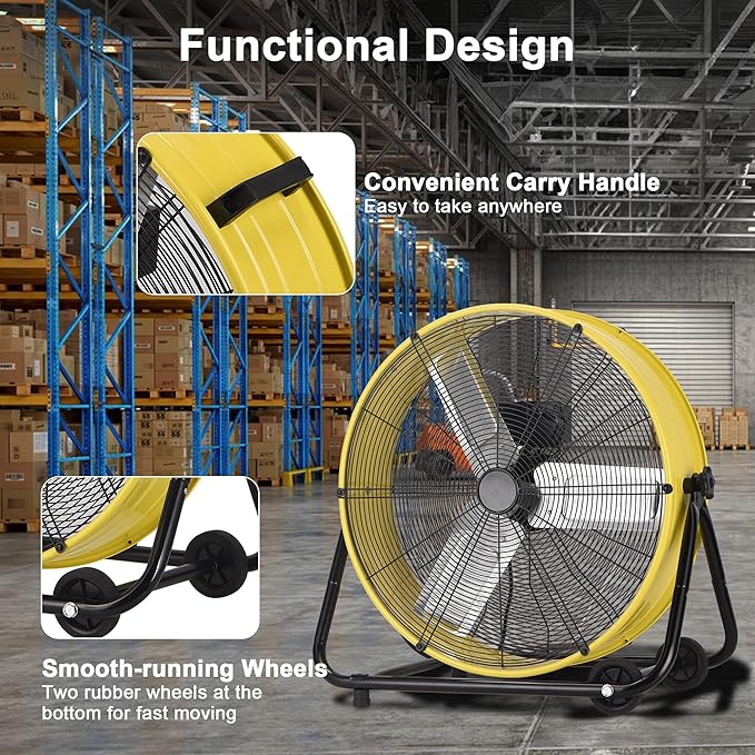 24 Inch Industrial Drum Fan, 8800 CFM High Velocity floor Fan, Heavy Duty, 3-Speed, 360° Fully Adjustable Tilt, Portable Wheels & Handle for Commercial, Warehouse, Garage, Workshop, Gym-ETL Certified