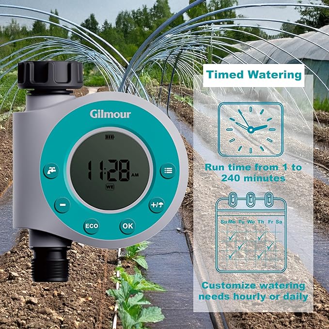 Gilmour Single Outlet Water Timer for Garden Hose, Programmable Automatic Watering System, LCD Screen, Rain Delay, Battery Operated
