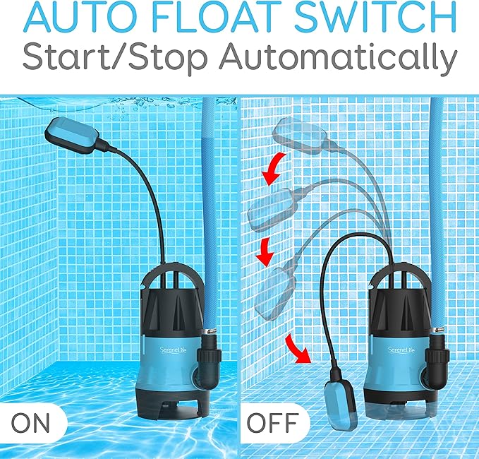 SereneLife 400W Submersible Pump Clean Dirty Water Powerful Utility Sump Pump Auto Float Switch,16 ft. Cord, Basement, Yard, Swimming Pool, Pond, Flooded Area, Garden or Flat Hose