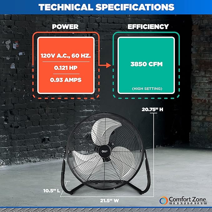 Comfort Zone 18-Inch High-Velocity Industrial Floor Fan, Heavy-Duty 3-Speed Metal Shop Fan with 180° Adjustable Tilt & Carry Handle, Quiet Vibration-Free Cooling for Garage, Workshop, & Home