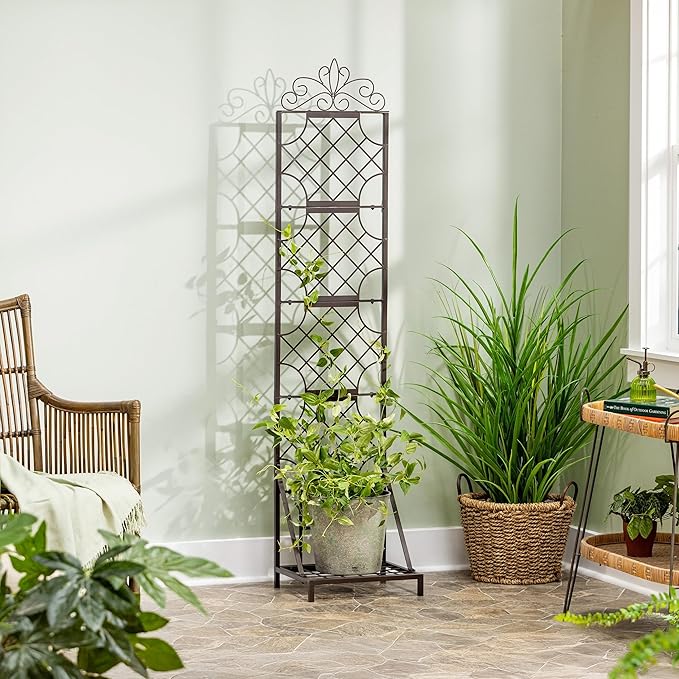 Evergreen Garden Classic Metal Plant Stand with Lattice Trellis for Climbing Plants, Floor Tall Plant Stand Indoor and Outdoor for Patio, Porch, Garden