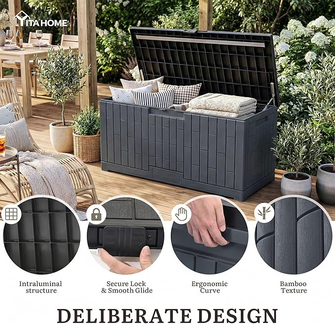 YITAHOME Large Outdoor Storage Box, 120 Gallon Waterproof Resin Deck Box w/Slide-Locking Black Lid, Patio Storage Bin and Bench Seat for Garden Tools, Cushions &Pool Supplies, Easy Assembly, Dark Gray