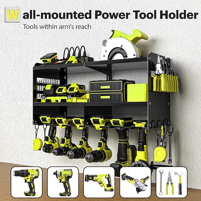 Spampur Power Tool Organizer Wall Mount with Charging Station, 3 Layer Heavy Duty Metal Tool Storage Rack Loads 420lbs with 6 Cordless Drill Holder, Idea Gifts for Men, Garage Workshop