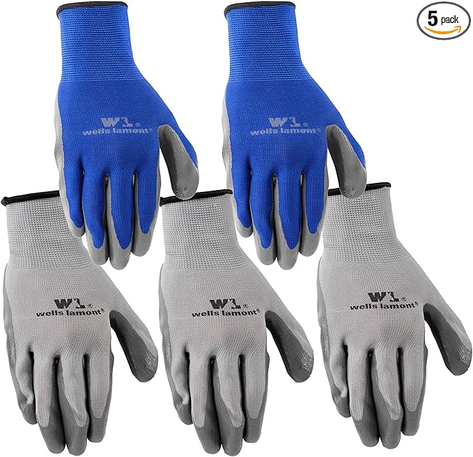 Wells Lamont Nitrile-Coated Work Gloves for Men – Abrasion & Cut Resistance – Lightweight & Breathable – Perfect for Construction, Automotive, Gardening - Blue/Grey, Large, 5 Pack