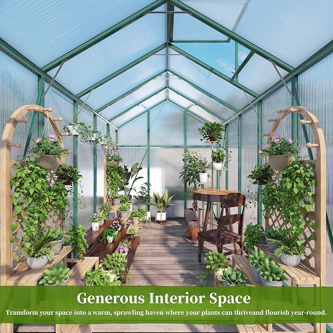 Greenhouse for Outdoors 6.1x6.1x7.2 FT, Polycarbonate Greenhouses with Roof Vent, Lockable Door and Ground Nails, Heavy-Duty Aluminum Walk-in Green House, Large Sunroom for Garden, Green