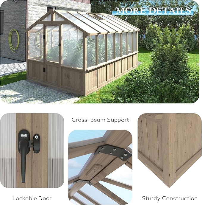 MUPATER 8 x 14FT Walk-in Wooden Greenhouse, Heavy Duty Green House Kit with Ventilated Window & Lockable Door, Greenhouse for Outside Garden, Backyard, Patio, Lawn