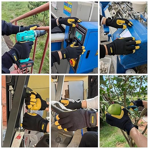 All-Purpose Work Gloves,Performance Fit Mechanics Glove,Grain Leather Knuckle Working Glove,Durable,Black+Yellow,Large