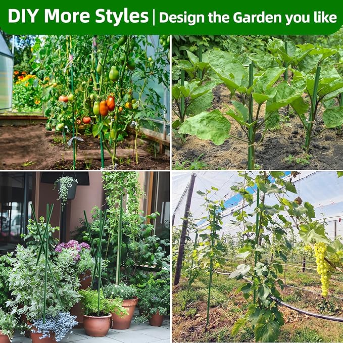 Fabulas Garden Stakes 16 Inch 30 Pack, Diy 4ft 5ft 6ft 7ft 8ft Tomato Stakes Plastic Coated Metal Plant Sticks Stakes Supports with 20 Connectors 15 Rotatable Clips for Indoor Outdoor Plants Vegetable