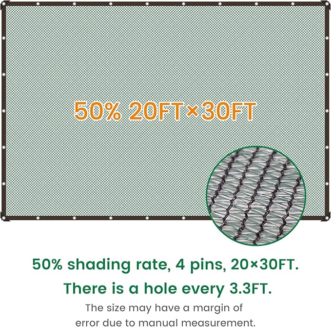 50% 20 X 30 FT Green Shade Cloth, Outdoor Woven Sun Shade with Grommets, Durable Breathable Netting Shading Antifreezing for Patio, Garden, DIY Home, Plants Cover, Greenhouse, Dog Kennel