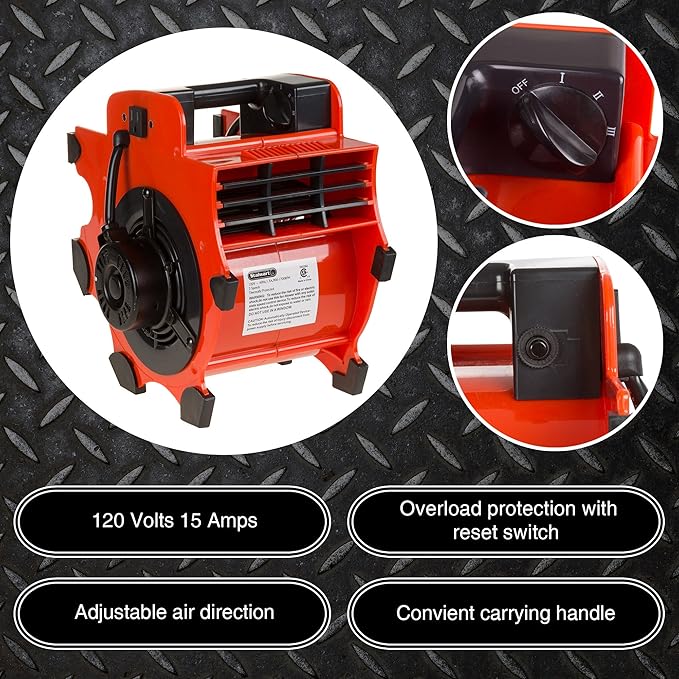 Blower Fan - 3-Speed Heavy-Duty Floor and Carpet Dryer - 1600 watts -Portable Air Mover with 4 Different Angles for Basements, Cars or Garages by Stalwart (Red)