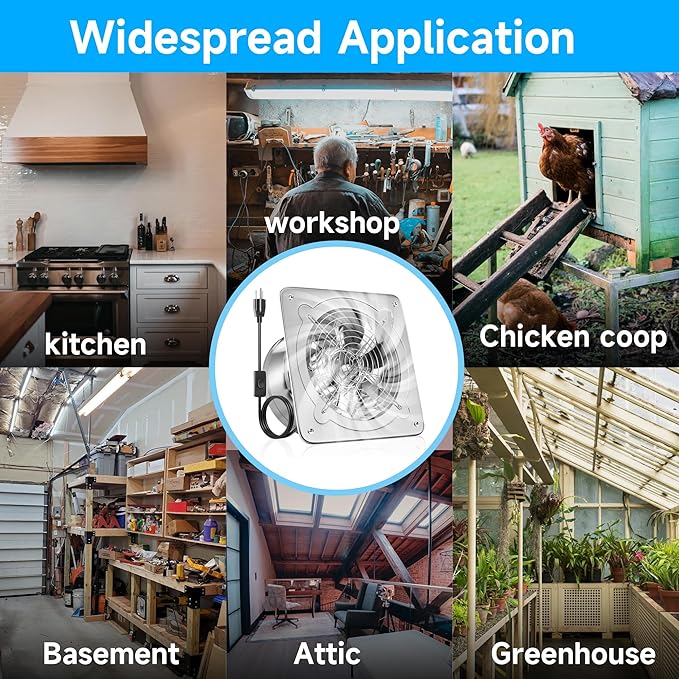 Voltset 10-Inch Industrial Exhaust Fan, 988 CFM Vent Fan for Garage with Power Cord Plug-in & Switch, Powerful Shop Ventilation, Fume Extractor Fan for Greenhouse Shed Smoking house, Silver