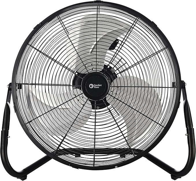 Comfort Zone 18-Inch High-Velocity Industrial Floor Fan, Heavy-Duty 3-Speed Metal Shop Fan with 180° Adjustable Tilt & Carry Handle, Quiet Vibration-Free Cooling for Garage, Workshop, & Home