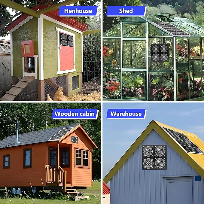 HNRLOY Solar Exhaust Fan for Greenhouse, Solar Chicken Coop Fan with 25W Solar Panel & 4 Pcs High-Speed Brushless DC Ventilation Fans for Shed,Attics,Barns,Dog Houses with 6000mAh Battery