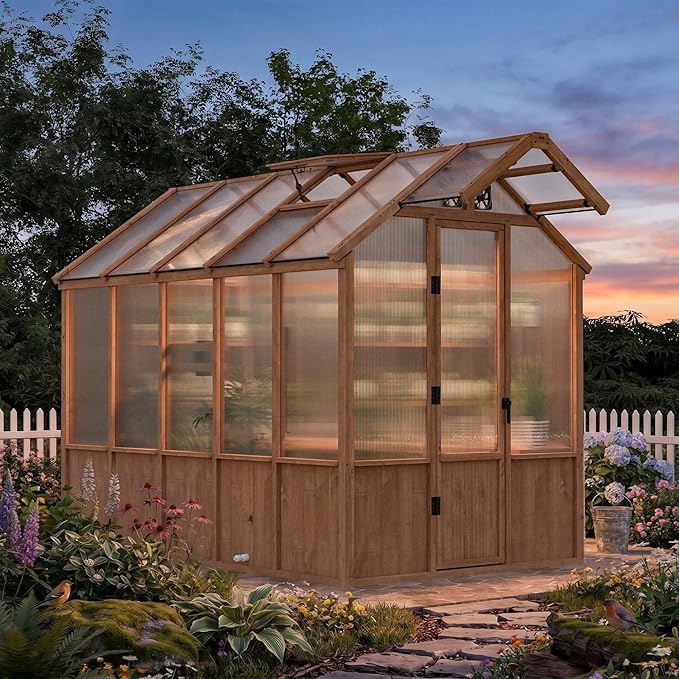 Modern Shade EverBloom 6.5'x10' Wooden Greenhouse, 8' Extra-Tall Cedar Wood Greenhouse with Built-in Outdoor Faucet Kit, Heavy Duty Greenhouse with Built-in Shelving, Power Strip & Ventilation System