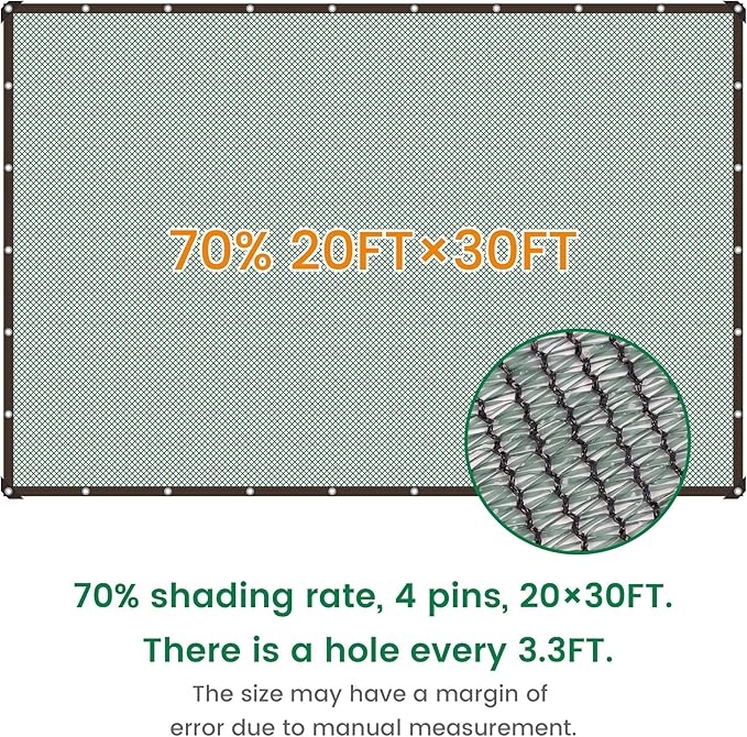 70% 20 X 30 FT Green Shade Cloth, Outdoor Woven Sun Shade with Grommets, Durable Breathable Netting Shading Antifreezing for Patio, Garden, DIY Home, Plants Cover, Greenhouse, Dog Kennel