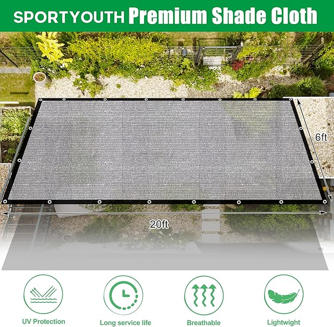 SPORTYOUTH Shade Cloth, 40% Black Sunblock Cover for Garden, 6x20 Ft Mesh Tarp with Grommets UV Resistant for Outdoor Greenhouse, Plants Vegetables Growing, Patio, Chicken Coop, Yard