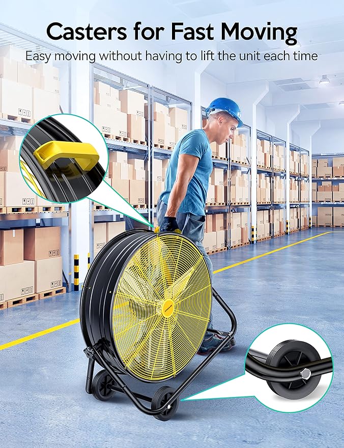 VAGKRI 24 Inch Industrial Drum Fan, 320W High Velocity Floor Fan, 3 Speed Heavy Duty Metal Air Circulator, 360° Tilt with Casters Handle ETL Standard for Patios, Warehouse, Commercial,Basement