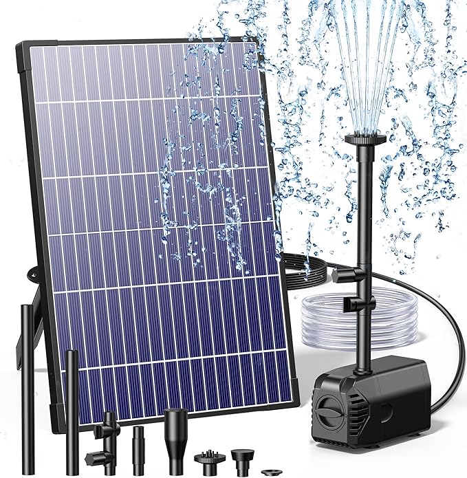 Biling 12W Solar Fountain Pump, 160GPH Submersible Solar Pond Pump with Filter and Dry Run Protection, 4.9ft Lift, 16.4ft Cord, 4 Nozzles, Tubing for DIY Fountain, Pond, Outdoor Water Features