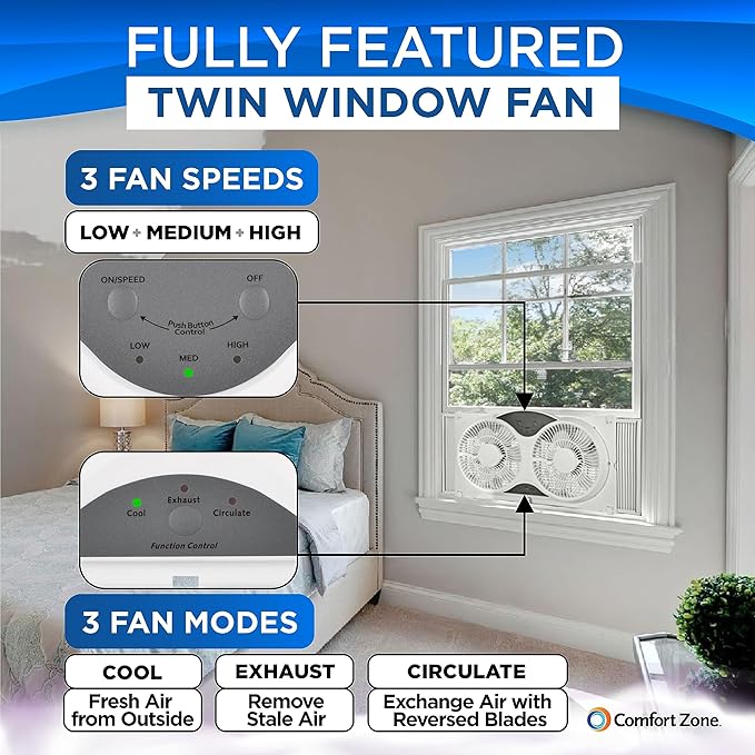 Comfort Zone 9-Inch Smart WiFi Twin Window Fan – 3-Speed Dual Blade Fan with App & Voice Control, Reversible Exhaust, Cooling & Circulate Modes, Expandable 23.5" to 37", Bug Screen