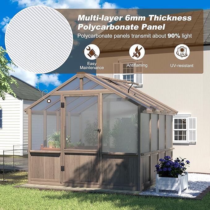 Yardenaler 8x8 FT Greenhouse Kit for Outdoor, 6MM Thick Polycarbonate Panel Wooden Walk-in Green House with Lockable Door and Adjustable Roof Vent, Backyard Garden, Light Mocha Brown