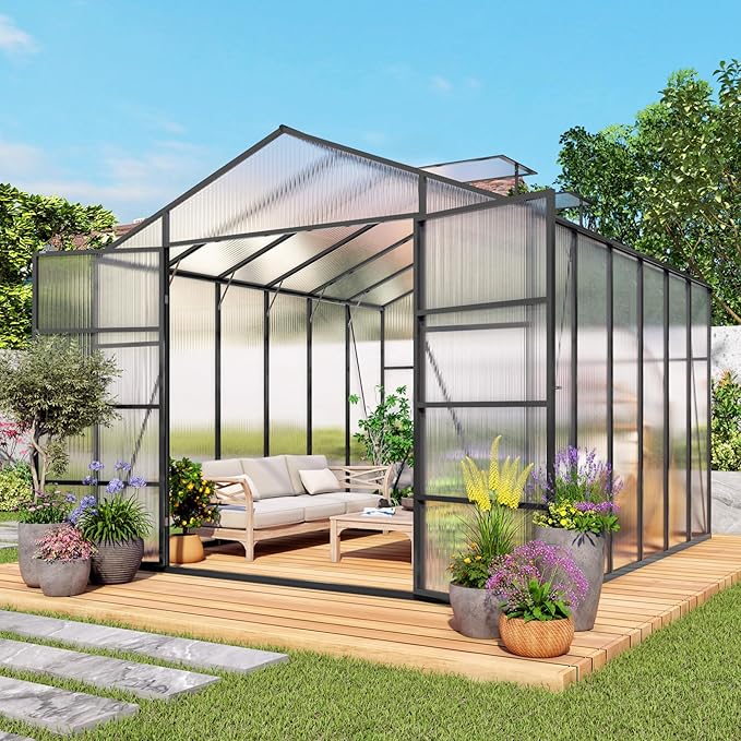 104in High 10x12FT Greenhouse for Outdoors, Polycarbonate Greenhouses with Stronger Wind Protection and Roof Vent, Walk-in Large Aluminum Winter-Proof Sunroom, Black