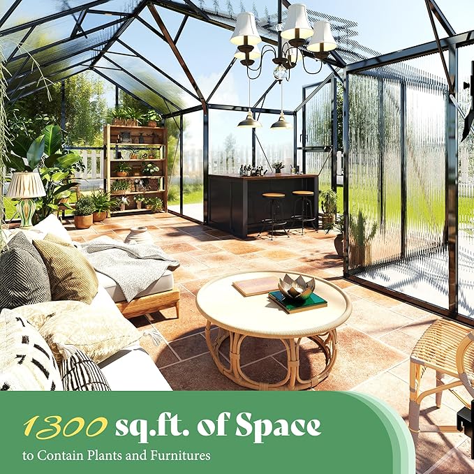 AMERLIFE 16.8 x 12 x 7 FT Outdoor Walk-in Greenhouse, Quick-Lock Assembly, Aluminum Frame with 2 Roof Vents, Double Doors & T-Shaped Design for Backyard/Garden, Black