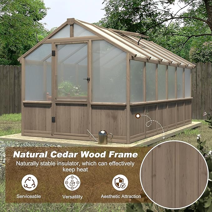Yardenaler 8x12 FT Greenhouse Kit with 6MM Thick Polycarbonate Panel for Outdoor, Wooden Walk-in Green House with Adjustable Roof Vent and Lockable Door, Backyard, Garden, Light Mocha Brown