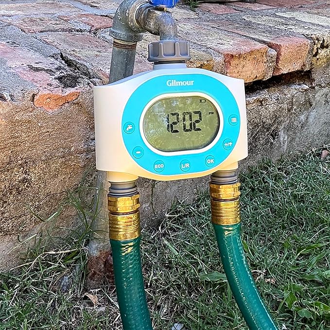 Gilmour Dual Outlet Water Timer for Garden Hose, Programmable Automatic Watering System, LCD Screen, Rain Delay, Battery Operated
