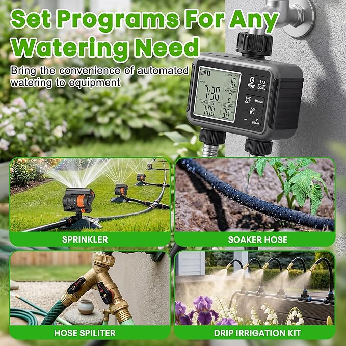 Sprinkler Timer 2 Zone, IPX5 Waterproof Programmable Water Hose Timer with Rain Delay, Child Lock, Manual Watering for Outdoor Automatic Irrigation for Garden, Lawn, Yard (AA Batteries Not Included)