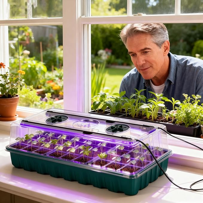Seed Starter Tray with Grow Light, 2 Pack 72 Cells Seed Germination Kit with Humidity Dome, Adjustable Brightness Plant Germination Tray for Herb, Indoor Seedling Starter Trays for Gardening