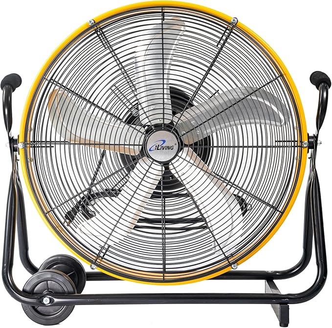 iLiving 24 Inch 3-Speed Orbital Internal Oscillating High Velocity Barrel Floor Fan for Office, Auto Shop, Garage, Workshop, Warehouse, 7800 CFM, Yellow
