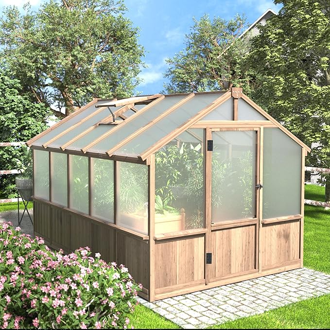 Yardenaler 8x10 FT Greenhouse Kit with 6MM Thick Polycarbonate Panel for Outdoor, Wooden Walk-in Green House with Adjustable Roof Vent and Lockable Door, Backyard, Garden, Light Mocha Brown