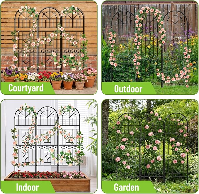 Garden Trellis for Climbing Plants, 3 Pack 38"Wx 64.6"H Rustproof Flower Trellis with Black Coating, Outdoor Climbing Rose Trellis Cucumbers Support for Courtyards Lawns (Black-Linear Shape, 3 Pieces)