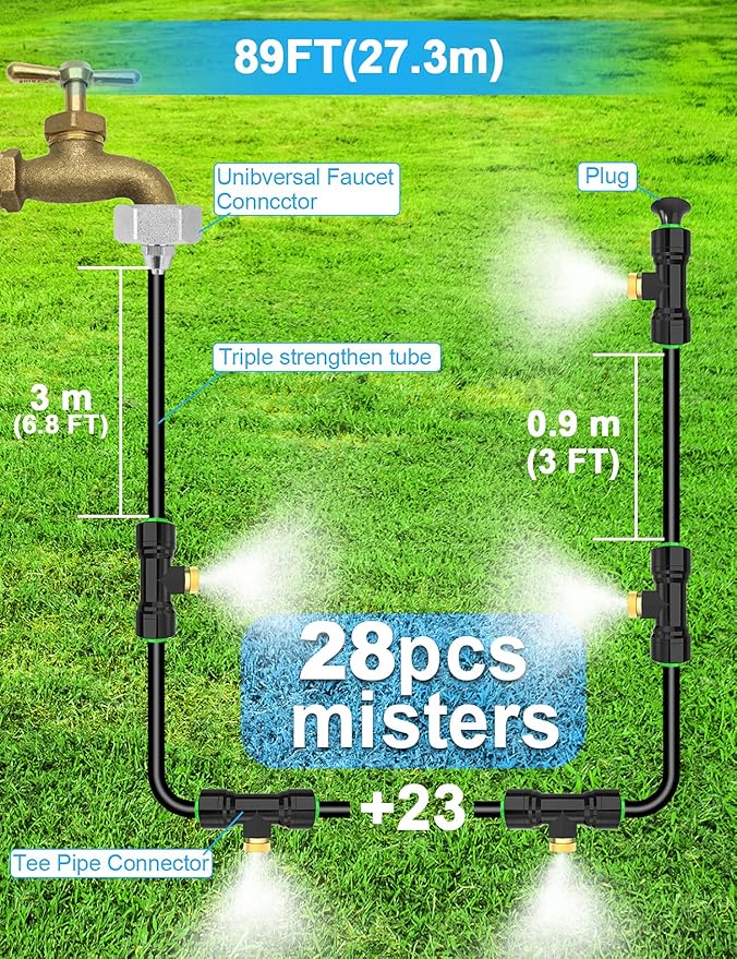 Misters for Outside Patio 89FT(27.3M)+34 Brass Mist Nozzles+a Brass Adapter(3/4") Detachable Outdoor misting Cooling System for Garden, Waterpark, Greenhouse, Backyard