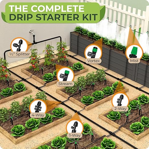 CARPATHEN Drip Irrigation System - Adjustable Quick Connect Irrigation System for Gardens up to 131ft, Raised Beds - Complete Garden Watering System - 1/4 Emitters, 1/2" and 1/4" Tubing and Connectors